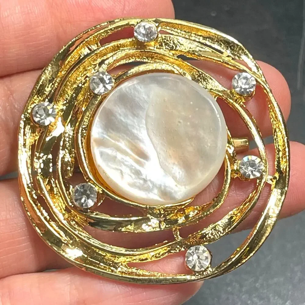 Vtg Galaxy Solar System Brooch Pin Gold Tone Faux Pearl Rhinestone